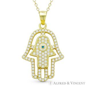Hamsa Hand Luck Charm CZ Crystal Pave Pendant in .925 Sterling Silver w/ YGold